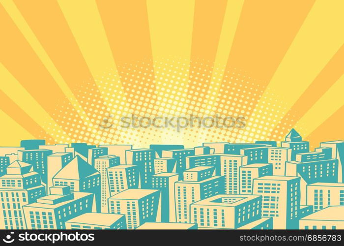 Pop art sunrise over the modern city. Comic book cartoon retro colored drawing vintage illustration. Pop art sunrise over the modern city