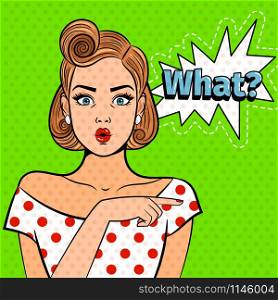 Pop art surprised lady. Young beautiful girl with what sign, pretty comic art shocked woman vector illustration. Pop art surprised lady