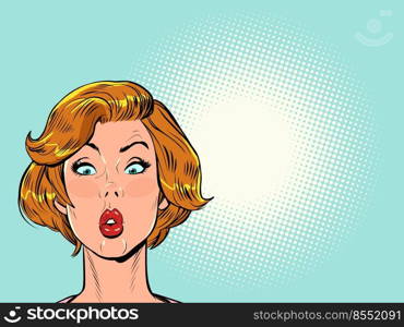 pop art surprised woman looks up. Attention gossip news universal blank background template retro vector illustration 50s 60s style kitsch vintage. pop art surprised woman looks up. Attention gossip news universal blank background template