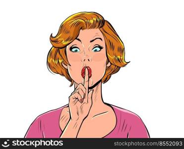 pop art surprised woman pressed her finger to her lips. Silence gossip news retro vector illustration 50s 60s style kitsch vintage. pop art surprised woman pressed her finger to her lips. Silence gossip news
