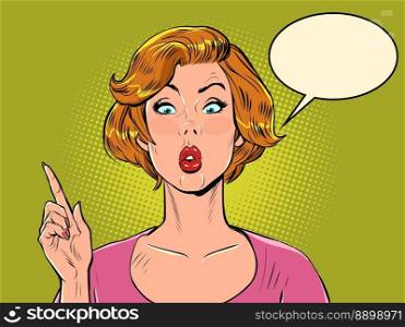pop art surprised woman showing direction with index finger. Attention gossip news. Pop art retro vector illustration 50s 60s style kitsch vintage. pop art surprised woman showing direction with index finger. Attention gossip news