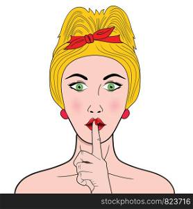 Pop art top secret girl. Young sexy blonde woman holds index finger at the mouth on white