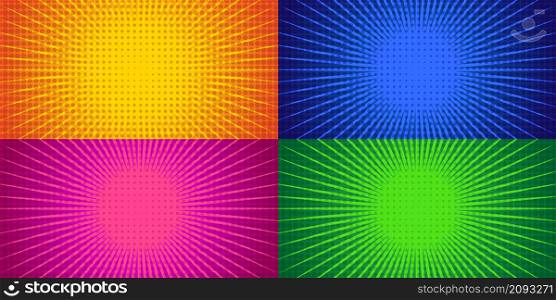 Pop art vector halftone yellow, blue, purple and green background. Rays burst comic vintage backdrop collection.