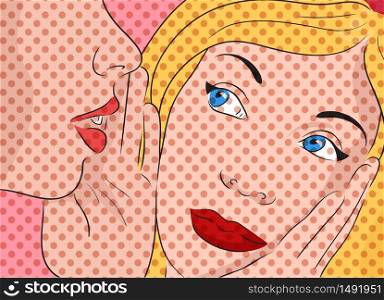 Pop art vector illustration with two gossiping girls.. Vector illustration with two gossiping girls.