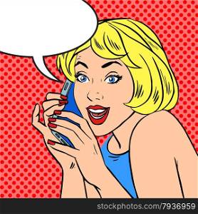 Pop art vintage comic. Girl talking on the phone. Retro style. Bubble for text. Technology and communication. Girl phone talk joy Pop art vintage comic