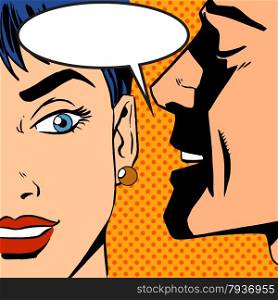 Pop art vintage comic. The man whispers to the girl. Cloud for the text. Gossip and rumors talk about love. Retro style. man whispers girl Pop art vintage comic