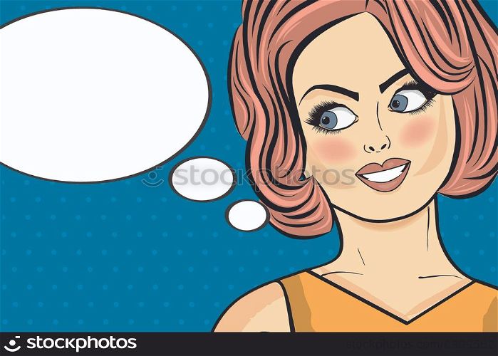 Pop art woman . Comic woman with speech bubble. Pin up girl.Vector illustration