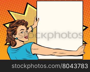 Pop art woman holding a poster retro vector illustration. copy space for the announcement and advertising. Pop art woman holding a poster