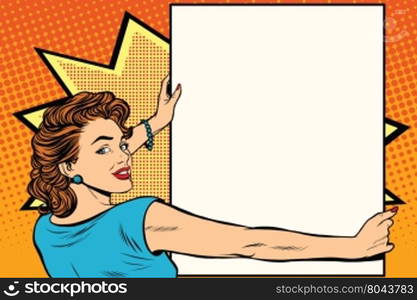 Pop art woman holding a poster retro vector illustration. copy space for the announcement and advertising. Pop art woman holding a poster