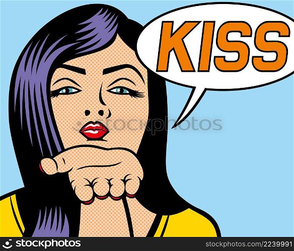 Pop art woman Illustration blowing a kiss