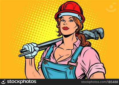 Pop art woman plumber mechanic with wrench, retro vector illustration vintage kitsch. Pop art woman plumber mechanic with wrench