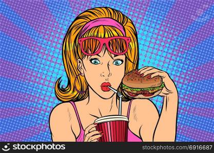 Pop art woman with fast food. retro vector Illustrator. Pop art woman with fast food