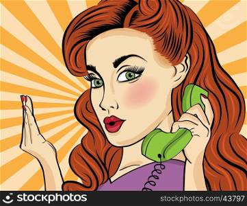 Pop art woman with retro phone.Comic girl. Pin up woman. Vector format