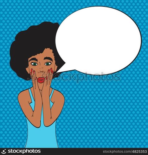 Pop art young woman's face with an open mouth and big bulging eyes. black woman surprised retro woman in comic style. Vector illustration.