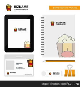 Pop corn Business Logo, Tab App, Diary PVC Employee Card and USB Brand Stationary Package Design Vector Template