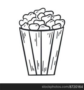 Pop corn doodle illustration. Simple outline image package with popcorn clip art. Simple hand drawn movie snack. Fast food isolated vector. Pop corn doodle illustration