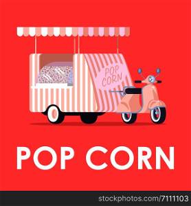 Pop corn poster vector template. Street food vehicle. Brochure, cover, booklet page concept design with flat illustrations. Ready takeaway meal car. Advertising flyer, leaflet, banner layout idea