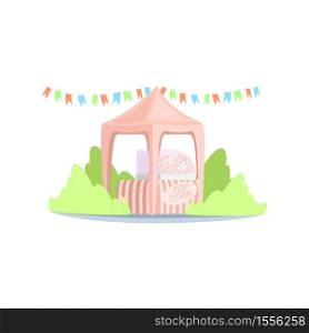 Pop corn stall semi flat RGB color vector illustration. Summer street fair stand with snacks isolated cartoon object on white background. Small vending kiosk selling delicious popcorn. Pop corn stall semi flat RGB color vector illustration