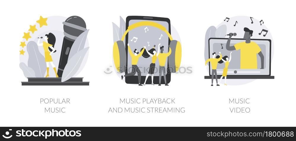 Pop culture abstract concept vector illustration set. Popular music, playback recorded audio, official videoclip production, top chart artist, singer tour, musician promotion abstract metaphor.. Pop culture abstract concept vector illustrations.