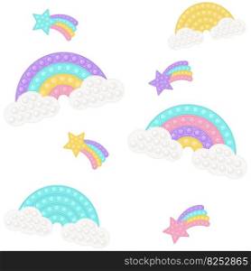 Pop it background as a fashionable silicon fidget toys. Addictive anti-stress toy in pastel colors. Bubble popit background with rainbow, star, unicorn, heart, shell. Vector illustration wide format. Pop it background as a fashionable silicon fidget toys. Addictive anti-stress toy in pastel colors. Bubble popit background with rainbow, star, unicorn, heart, shell. Vector illustration wide format.
