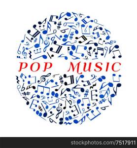 Pop music concept symbol with musical notes and treble clefs, key signatures and rests, bass clefs and chords blue icons arranged into disco ball. Use as music concert or disco party poster design usage. Disco ball with musican notes and marks symbol