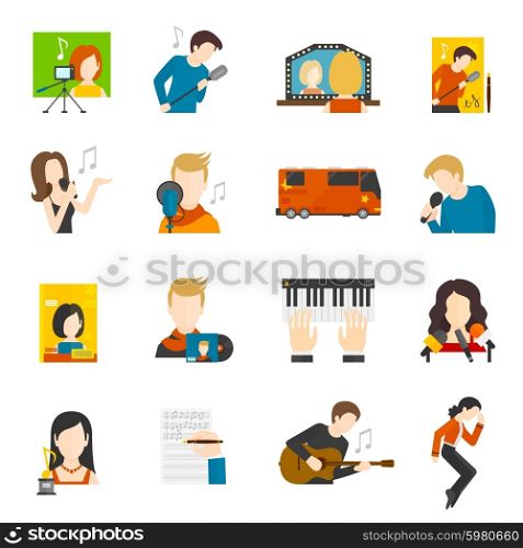 Pop Singer Flat Icons Set. Pop music singer and concert flat icons set isolated vector illustration
