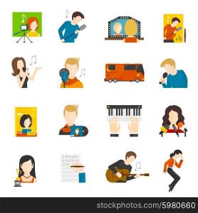 Pop Singer Flat Icons Set. Pop music singer and concert flat icons set isolated vector illustration