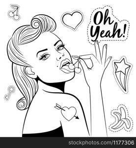 Pop style sexy girl and cute patches isolated on white backgound. Vector coloring page with girl, cherry, banana, heart. Pop style sexy girl and patches