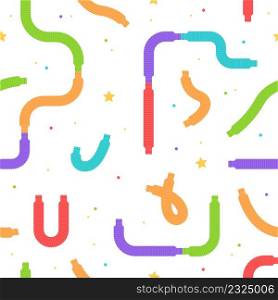 Pop tubes seamless pattern. Popular antistress color toys, kids flexible pipes, trendy sensory fidgets, children game isolated on white background. Decor textile, wrapping paper wallpaper vector print. Pop tubes seamless pattern. Popular antistress color toys, kids flexible pipes, trendy sensory fidgets, children game isolated on white background. Decor textile, wrapping paper, vector print