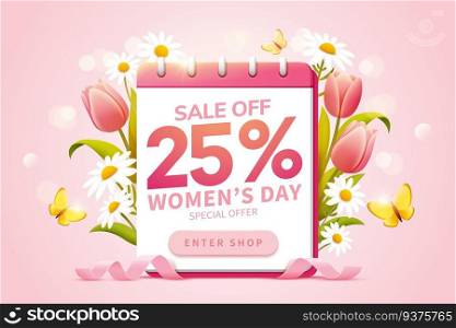 Pop up ads for for International Women&rsquo;s Day sale, designed with a calendar surrounded by lovely tulips and daisies. Pop up ads for Women&rsquo;s Day Sale