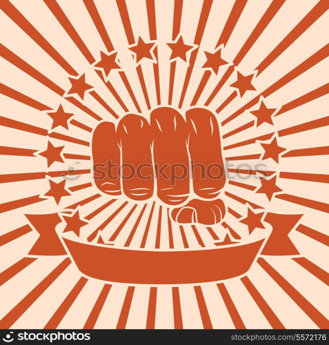 Popart power force fist poster with stars and ribbon vector illustration