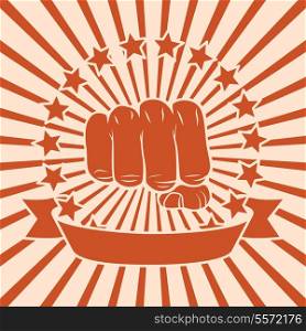 Popart power force fist poster with stars and ribbon vector illustration