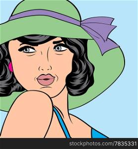 popart retro woman with sun hat in comics style, vector summer illustration