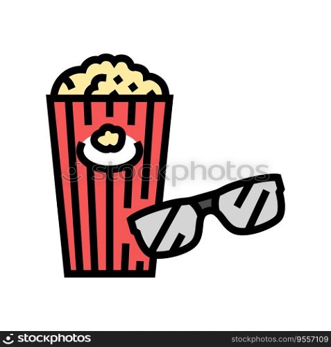 popcorn 3d cinema glasses color icon vector. popcorn 3d cinema glasses sign. isolated symbol illustration. popcorn 3d cinema glasses color icon vector illustration