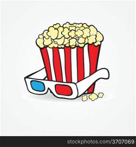 Popcorn and 3d glasses. Cinema concept background