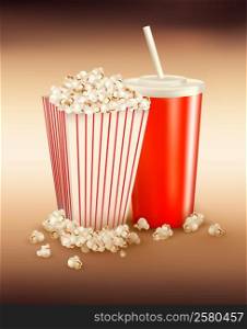 Popcorn and a drink and tickets. Vector illustration