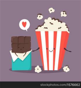 Popcorn and chocolate bar. Sweet friends. Vector illustration for prints, t shirts banners, web design. Popcorn and chocolate bar. Sweet friends. Vector illustration