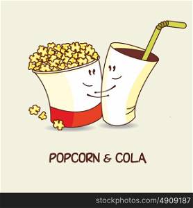 Popcorn and Cola, love is forever. Popcorn and a drink cuddling. Comic, cartoon. Vector illustration.