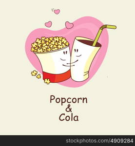 Popcorn and Cola, love is forever. Popcorn and a drink cuddling on the background of hearts. Comic, cartoon. Vector illustration.