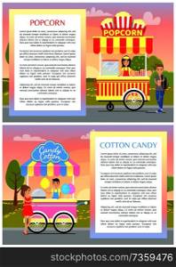 Popcorn and cotton candy shop headlines posters collection, sellers street mobile shops, buyers in city park vector set, frame for text. Popcorn and Cotton Candy Set Vector Illustration