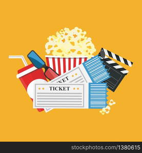 Popcorn and drink. Film strip border. Cinema movie night icon in flat design style. Bright background. Vector illustration. Vector illustration. Popcorn and drink. Film strip border. Cinema movie night icon in flat design style. Bright background.