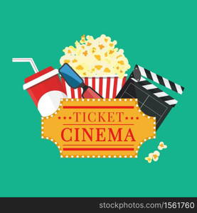 Popcorn and drink. Film strip border. Cinema movie night icon in flat design style. Bright background. Vector illustration. Vector illustration. Popcorn and drink. Film strip border. Cinema movie night icon in flat design style. Bright background.