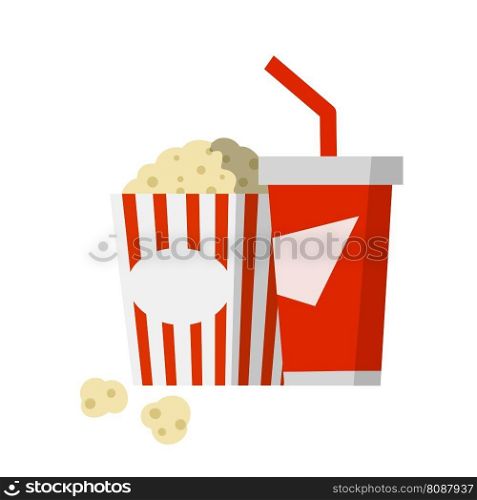 Popcorn and soda. Set of Accessories for the cinema. Corn food and red striped packaging. Funny icon. Glass with a tube. Popcorn and soda. Set of snack for cinema