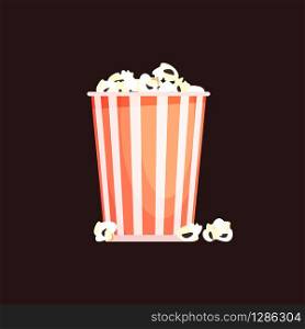 Popcorn big bucket, vector isolated fast food for movie striped white and yellow container.