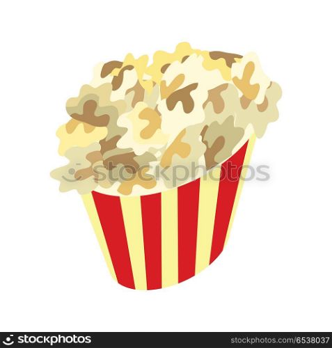 Popcorn Box Icon. Traditional Salty, Sweet Snack. Popcorn box vector icon. Popcorn in flat style design. Traditional salty, sweet snack. Popcorn street food illustration. Red box popcorn opened. Popcorn logo, cinema, box, popcorn pack. Vector
