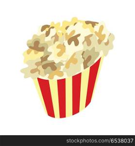 Popcorn Box Icon. Traditional Salty, Sweet Snack. Popcorn box vector icon. Popcorn in flat style design. Traditional salty, sweet snack. Popcorn street food illustration. Red box popcorn opened. Popcorn logo, cinema, box, popcorn pack. Vector