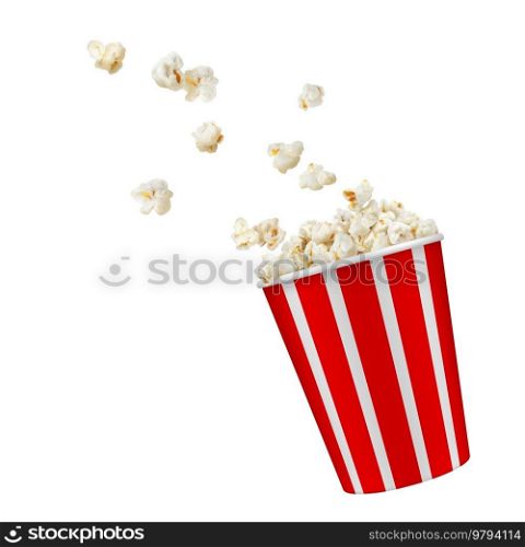 Popcorn bucket, realistic pop corn container. Vector mock up of white and red bucket with flying out snack seeds. Striped paper box with popcorn, isolated 3d design for cinema or movie theater. Popcorn bucket, realistic pop corn 3d container
