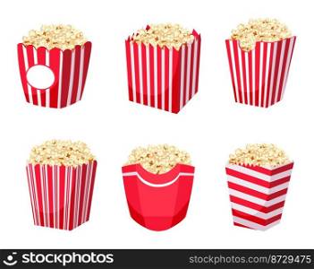 Popcorn buckets collection for cinema or sport event. Vector of pop corn and snack illustration, collection of buckets. Popcorn buckets collection for cinema or sport event