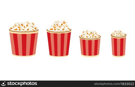 Popcorn buckets. Large medium and small portion sizes of movie snacks. Film premiere junk food in striped paper boxes. Isolated cinema meal template. Vector containers set full of sweet or salt corn. Popcorn buckets. Large medium and small portion sizes of movie snacks. Film premiere junk food in paper boxes. Isolated cinema meal. Vector containers set full of sweet or salt corn
