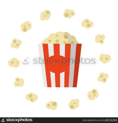 Popcorn. Circle of Corn food and red striped packaging. Funny icon. Movie theater snack. Popcorn. Circle of Corn food